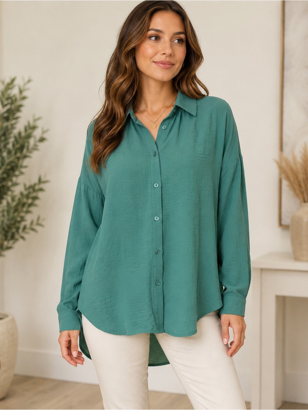 JODIFL Women’s Teal Green Button Down High Low Blouse Size Medium NWT